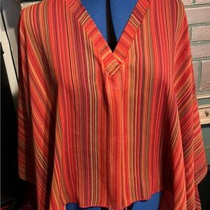 Caren Sport One Size Boho Poncho Top Red Orange Striped V-Neck Made USA